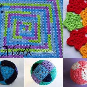 Könnte beinhalten: Eine Sammlung handgefertigter Häkelartikel. Das Bild zeigt eine farbenfrohe quadratische Decke mit dem Wort "Math", sternförmige Applikationen in Rot, Grün und Gelb sowie drei Häkelbälle in verschiedenen Farben und Mustern. Die Decke hat ein quadratisches Muster in Blau, Grün, Lila und Weiß.