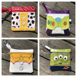 May include: Four small zippered pouches with different Toy Story character designs. The pouches are made of white fabric with colorful embroidered details. The pouches are all about 5 inches wide and 6 inches tall. The pouches are perfect for holding small items like coins, keys, or makeup.