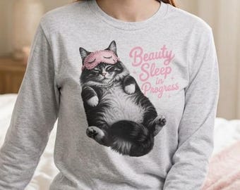 Sudadera "Beauty Sleep in Progress", top de pijama con diseño de gato adorable, jersey acogedor con estampado de gatito.