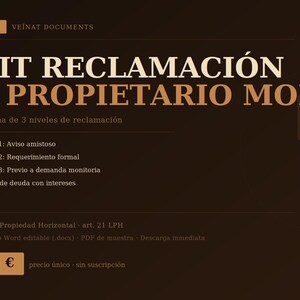 Puede incluir: Un gráfico marrón con el texto "KIT RECLAMACIÓN A PROPIETARIO MORO" en letras grandes y en negrita. El gráfico también incluye una lista de tres niveles de reclamaciones y el precio de 15 euros.