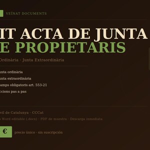 May include: A document kit titled "KIT ACTA DE JUNTA DE PROPIETARIS" in white and green on a brown background. It includes documents for meetings, with a price of 19€.