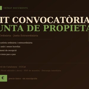 May include: A dark brown graphic with the text "KIT CONVOCATÒRIA JUNTA DE PROPIETARI" in white and green. Additional text includes "Junta Ordinària Junta Extraordinària" and bulleted lists. A green box displays "12 €".