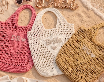Personalisierte trendige häkeln Strandtaschen, individuelle Brautjungfer Taschen, häkeln Brauttasche, Netztasche, ästhetisches Geschenk für sie