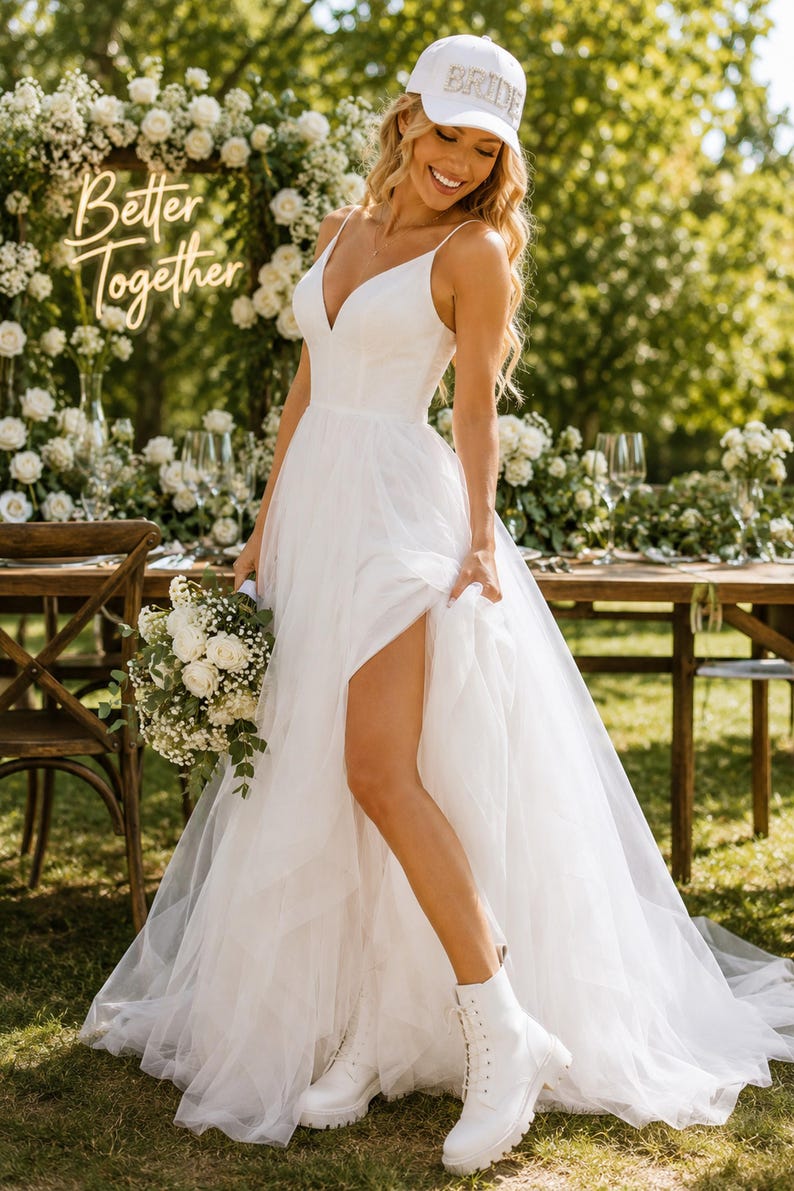 A woman in a white wedding dress and a white hat stands in a garden, holding a bouquet of white flowers and smiling.