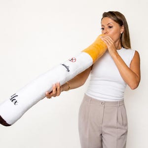 May include: A giant, soft cigarette-shaped cushion. It features a white body, a yellow tip, and a brown end. The cushion has the word "smoking" and a no-smoking symbol printed on it, along with the name "Alex".