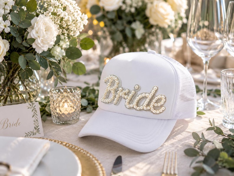 a table setting with a white hat with the word "Bride" on it, surrounded by various tableware and floral arrangements.