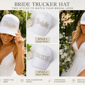 The image is a collage of three photos featuring a woman wearing a white bride hat. The woman is smiling and posing with the hat, which has the word "Bride" on it. The collage includes images of the hat in different styles, as well as images of the woman wearing the hat.