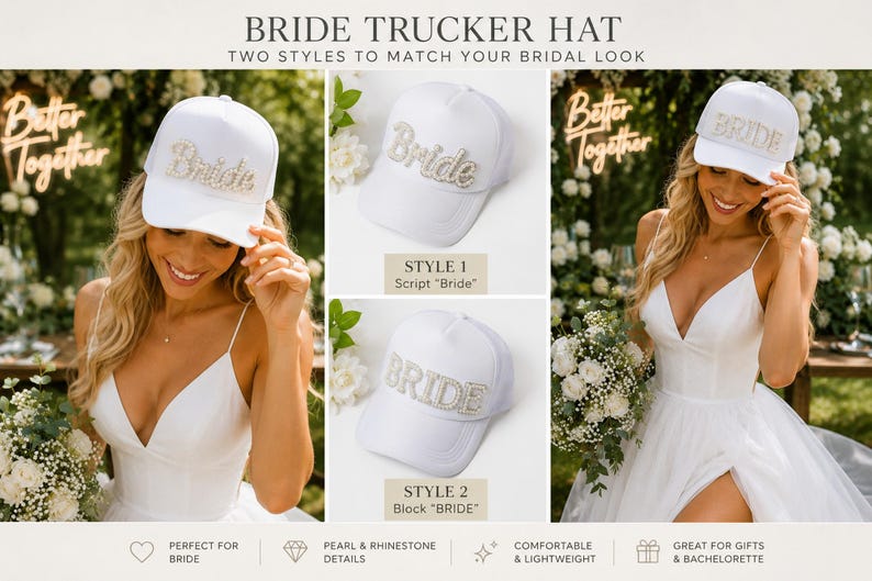 The image is a collage of three photos featuring a woman wearing a white bride hat. The woman is smiling and posing with the hat, which has the word "Bride" on it. The collage includes images of the hat in different styles, as well as images of the woman wearing the hat.