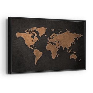 May include: A rectangular wall art piece featuring a world map with copper-colored continents set against a dark, textured charcoal black background. The map is enclosed in a thin black frame, displaying the global landmasses in a metallic finish.