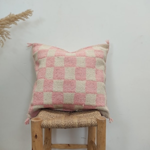 Housse de coussin marocaine à carreaux rose menthe | Coussin en laine bohème pastel | Jeté berbère tissé à la main | Décoration rose vert sauge (non rembourrée)