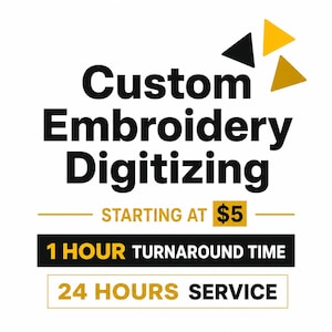 Può includere: Sfondo bianco con la scritta "Custom Embroidery Digitizing" in grassetto nero. Il testo "Starting at $5" è in un riquadro giallo. Il testo aggiuntivo recita "1 HOUR TURNAROUND TIME" e "24 HOURS SERVICE".
