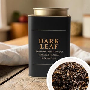 May include: A black rectangular tea tin with a gold lid, labelled "DARK LEAF." The text below reads "Premium Grade Black Tea - First Harvest, Traditional Craft - No Additives." A circular inset shows loose tea leaves. The tin contains 100g of tea.