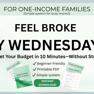 Könnte beinhalten: Werbung für ein digitales Produkt mit dem Text „FEEL BROKE BY WEDNESDAY?“ und „Reset Your Budget in 10 Minutes-Without Stress“. Enthält einen „Quick Start Guide“, einen „Weekly Money Reset Planner“ und eine „Weekly Money Map“. Das Produkt ist „Beginner-friendly“ und ein „Printable PDF“.