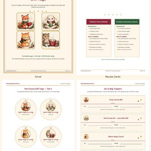 May include: A set of printable pages featuring Simmer Pot and Hot Cocoa gift tags, recipe cards, and jar toppers. The designs include illustrations of a fox, rabbit, cat, and owl holding mugs, with text instructions and labels.
