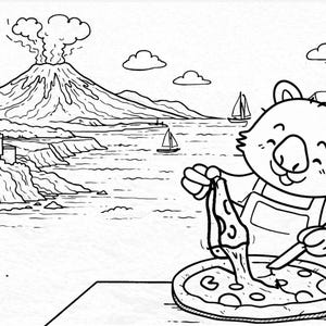 May include: Black and white illustration of a cartoon wombat making pizza. The wombat is wearing an apron and holding a slice of pizza with melted cheese. A volcano, coastline, and sailboats are in the background.
