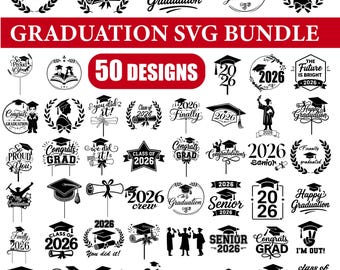 Lot de 50 fichiers SVG pour l'obtention du diplôme 2026, classe de 2026 SVG, fichiers coupés pour l'obtention du diplôme, SVG senior, conception de chemise de remise des diplômes, 50 fichiers svg pour l'obtention du diplôme.