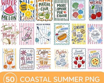 50 PNG - Bundle été côtier | Sublimation pour vacances à la plage | Graphismes d'été mignons | Clipart Café Fruit Plage PNG.