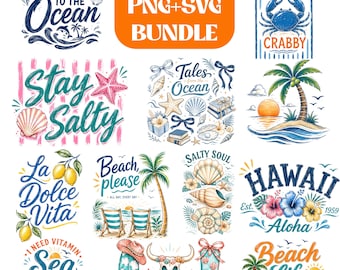 Bundle SVG été, plage svg, PNG tropical, océan citations SVG, svg Hawaï, conception de chemise de vacances.