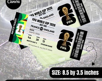 Szablon biletu na Mistrzostwa Świata FIFA 2026, bilet na mecz piłki nożnej do druku, spersonalizowany prezent piłkarski, szablon biletu na Mistrzostwa Świata 2026.
