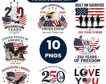 Pakiet PNG z okazji 250. rocznicy USA, Klipart - Ameryka 250, Wzór na Dzień Niepodległości 2026, Patriotyczna sublimacja, Czwarty lipca.