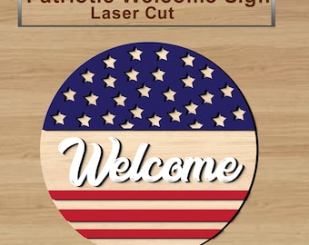 Patriotyczny znak powitalny w formacie SVG, zawieszka na drzwi z flagą amerykańską wycinana laserowo, okrągły drewniany wzór z okazji 4 lipca, drewniany znak z okazji Dnia Niepodległości.