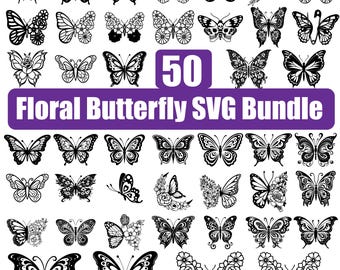 Pakiet 50 kwiatów i motyli w formacie SVG, Motyl w formacie SVG, Kwiatowy motyl w formacie SVG, pakiet Kwiatowy motyl w formacie SVG. Botaniczny motyl w formacie SVG, Motyl w formacie SVG.