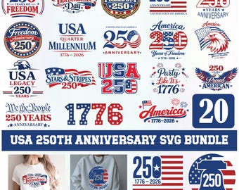 Pakiet plików SVG z okazji 250. rocznicy USA, 1776–2026, Dzień Niepodległości w formacie SVG, Patriotyczny projekt koszulki, 250 lat Ameryki w formacie PNG, Plik SVG z Dniem Niepodległości.