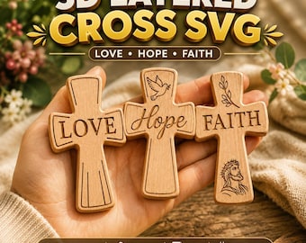 Krzyż Love Hope Faith cięty laserowo, zestaw chrześcijańskich krzyży trójwymiarowych, plik cięty laserowo, cięcie laserowe Glowforge, szablon do prac ręcznych z drewna.