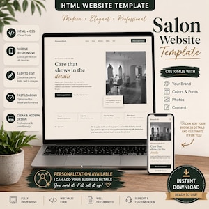 May include: A digital website template for a salon displayed on a laptop screen and a smartphone. The interface features text reading Salon Website Template, Care that shows in the details, and includes icons for HTML, mobile responsiveness, and editing.