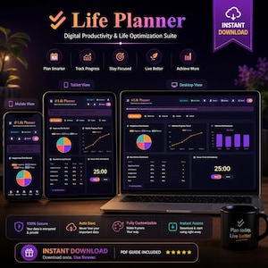 May include: A digital life planner suite displayed on a smartphone, tablet, and laptop. The interface features charts and graphs for tracking progress and achieving goals. The image includes the text "Life Planner" and "Instant Download."