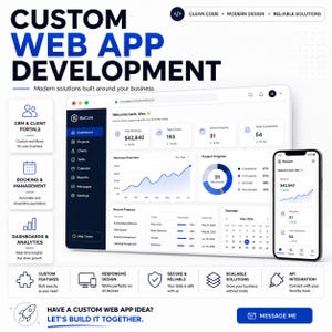 Peut inclure: Un graphique marketing numérique pour le développement d'applications web personnalisées montrant un ordinateur portable et un smartphone avec l'interface BizCore, des graphiques de revenus, le suivi de projets et des icônes de gestion.