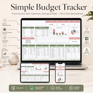 May include: A digital budget tracker spreadsheet displayed on a laptop, tablet, and smartphone. The interface features tables, bar charts, and pie charts in green and pink tones, with text including Simple Budget Tracker and Track Income, Bills, Expenses, Savings & Debt.