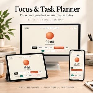 May include: A digital focus and task planner displayed on a desktop monitor, tablet, and smartphone. The interface features a central orange circle, a 25:00 timer, and buttons for session duration, ambient sound selection, and energy level tracking.