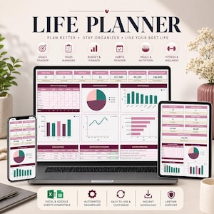Op de afbeelding: Een digitale levensplanner weergegeven op een laptop, tablet en smartphone. De schermen tonen grafieken voor doelen, taken, budget, gewoonten, maaltijden en fitness. De tekst luidt "LIFE PLANNER" en "PLAN BETTER. STAY ORGANIZED. LIVE YOUR BEST LIFE."