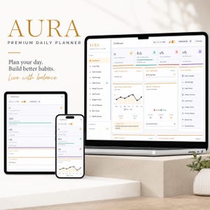 Könnte beinhalten: Ein digitaler Aura Premium Tagesplaner auf einem Laptop, Tablet und Smartphone. Die Bildschirme zeigen eine Dashboard-Oberfläche mit Metriken zur Aufgabenverfolgung und zum Fortschritt. Der Text lautet Aura Premium Daily Planner.