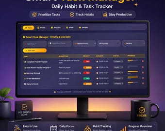 Dark Mode Habit Tracker | ADHD Productivity Dashboard, Heatmap, Streaks (Digital)
