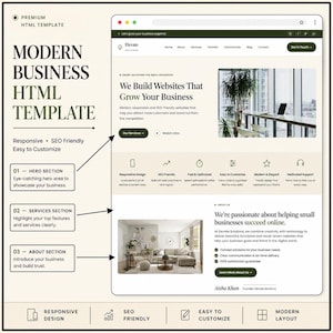May include: A premium HTML template for a business website featuring a modern layout. The design includes a hero section, services section, and about section with text labels. The color palette is cream, dark green, and black with clean typography.
