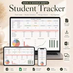 Student Tracker Excel Dashboard, Automated GPA Attendance Assignment Tracker, University College Academic Planner Spreadsheet Template
