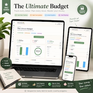 Peut inclure: Un ordinateur portable, une tablette et un smartphone affichent l'interface "The Ultimate Budget". L'écran montre des données financières avec des graphiques. L'image comprend le texte "Suivez chaque dollar. Planifiez chaque mouvement. Maîtrisez votre argent."