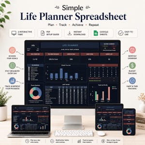May include: A digital life planner spreadsheet displayed on a computer monitor, laptop, tablet, and smartphone. The interface features dark backgrounds with charts, habit trackers, monthly calendars, and budget sections labeled with text like Life Planner.