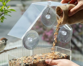 Clear Window Bird Feeder | Acrylic Birdhouse with Suction Cups | Outdoor Feeding Station