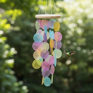 May include: A multi-coloured wind chime with iridescent, circular discs hangs from a tree branch. The wind chime has a wooden top and is suspended by strings. A hummingbird is captured in flight near the chime, adding a touch of nature.