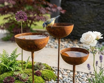 Rustic Handmade Metal Bird Bath Garden Stakes | 3-Piece Outdoor Decor | Plant Lover Gift Set