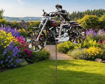 Skull Knight Metal Wind Spinner | Chrome Motorcycle Garden Stake | Outdoor Skeleton Rider Decor