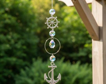 Anchor Wind Chime | Nautical Crystal Suncatcher | Silver Wheel Hanging Outdoor Decor