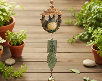 Handmade Totoro Wind Chime | Japanese Garden Decor with Green Leaf and Bell | Whimsical Outdoor Hanging Gift