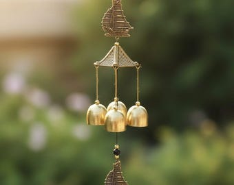 Handmade Wind Chime | Metal Bells with Ship & Pagoda Design | Unique Outdoor Home Decor Gift
