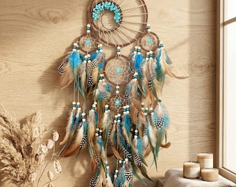 Boho Dream Catcher Wall Hanging | Feather Decor With Turquoise Beads | Bedroom Gift & Wind Chime Bohemian Style