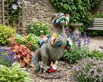 T-Rex vs Gnomes Statue | Outdoor Garden Decor | Forward or Backward Look