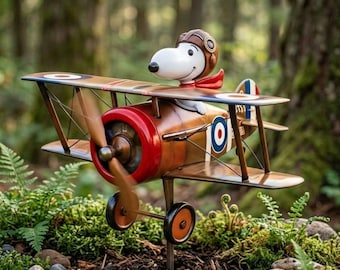 Flying Ace Dog Biplane Windmill | Metal Garden Wind Spinner | Whimsical Kinetic Lawn Art